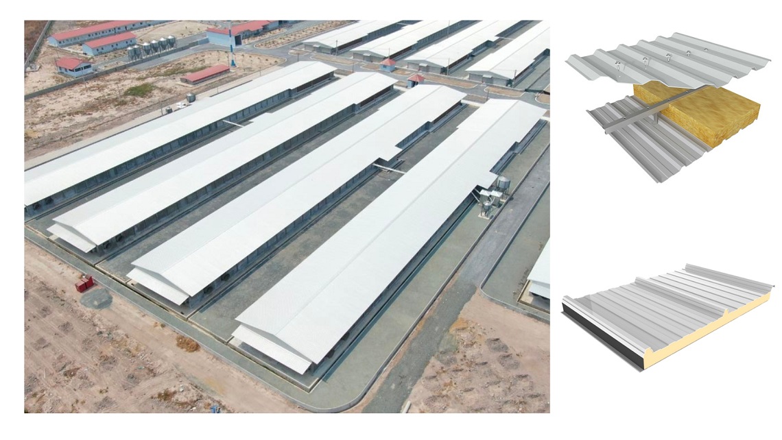 Big Dutchman buildings with reflective roofing material and insulation built in